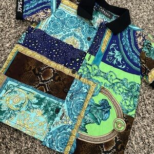 Versace Multicolor Blue Green Baroque Patchwork Polo